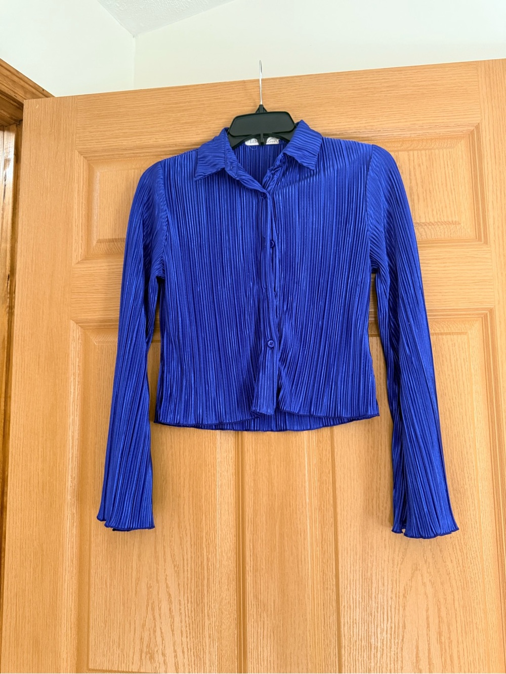 Blue Pleated Long-Sleeve Button-Up Top